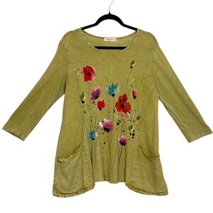 Jess & Jane Womens Small Floral Tunic Top 3/4 Sleeve Pockets Lime Green Cotton